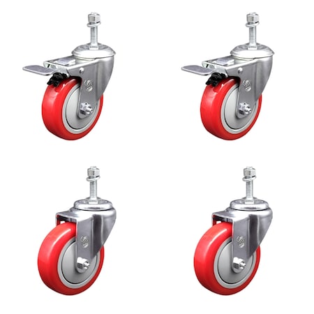 Service Caster 4 Inch SS Red Poly Swivel 10mm Threaded Stem Caster Total Lock Brake, 2PK SCC-SSTSTTL20S414-PPUB-RED-M1015-2S2